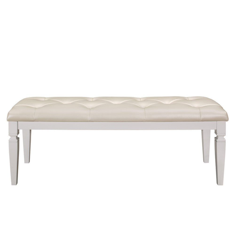 Lura 54 Inch Accent Bench, Button Tufted Foam Faux Leather, White Wood - BM316862