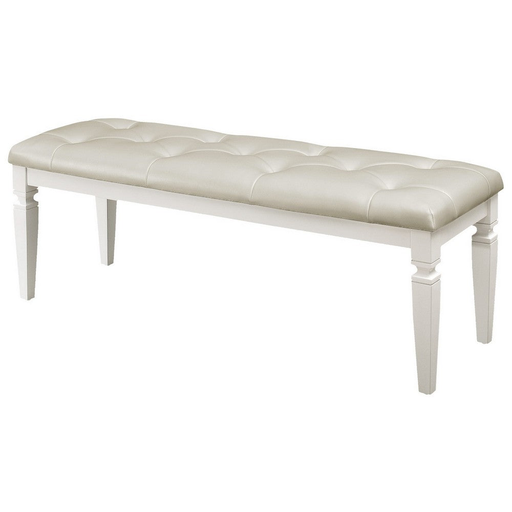 Lura 54 Inch Accent Bench, Button Tufted Foam Faux Leather, White Wood - BM316862