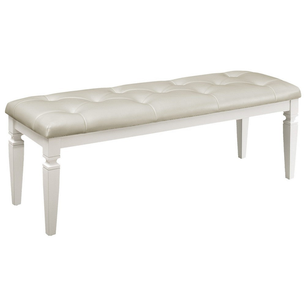 Lura 54 Inch Accent Bench, Button Tufted Foam Faux Leather, White Wood - BM316862