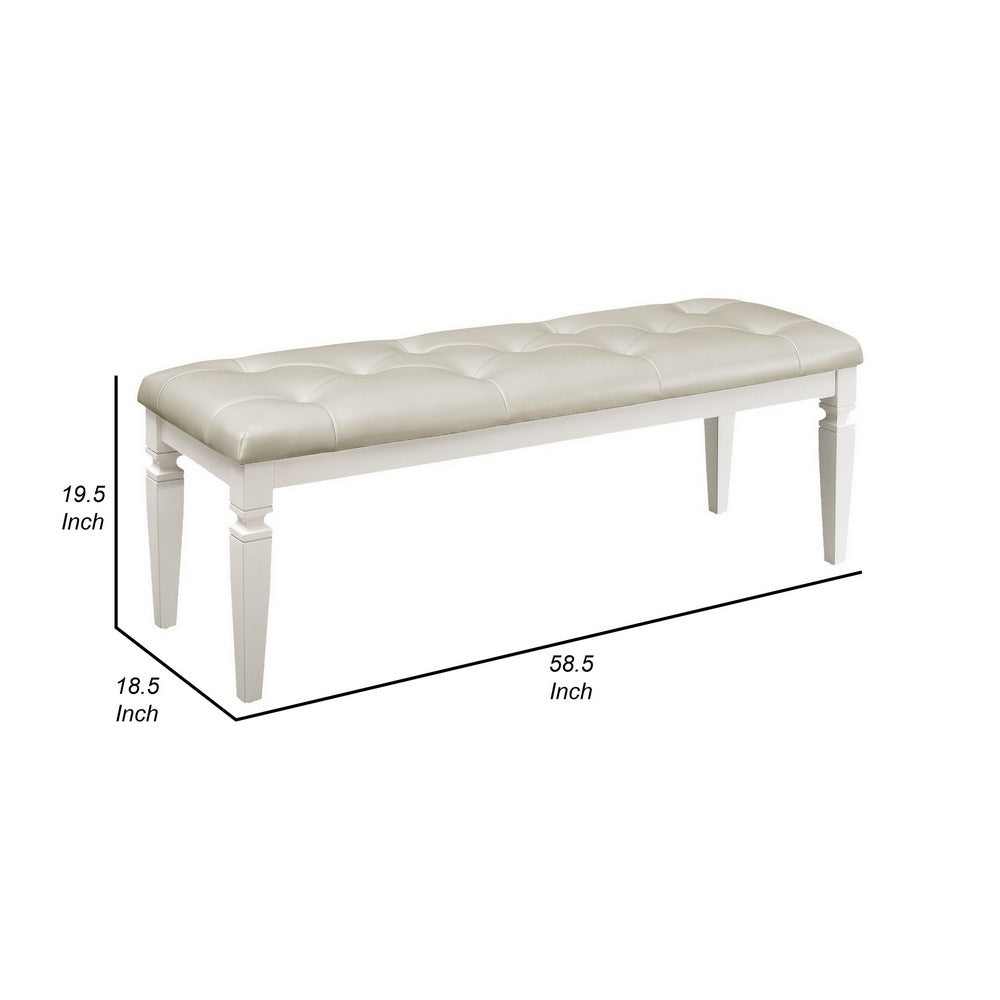 Lura 54 Inch Accent Bench, Button Tufted Foam Faux Leather, White Wood - BM316862