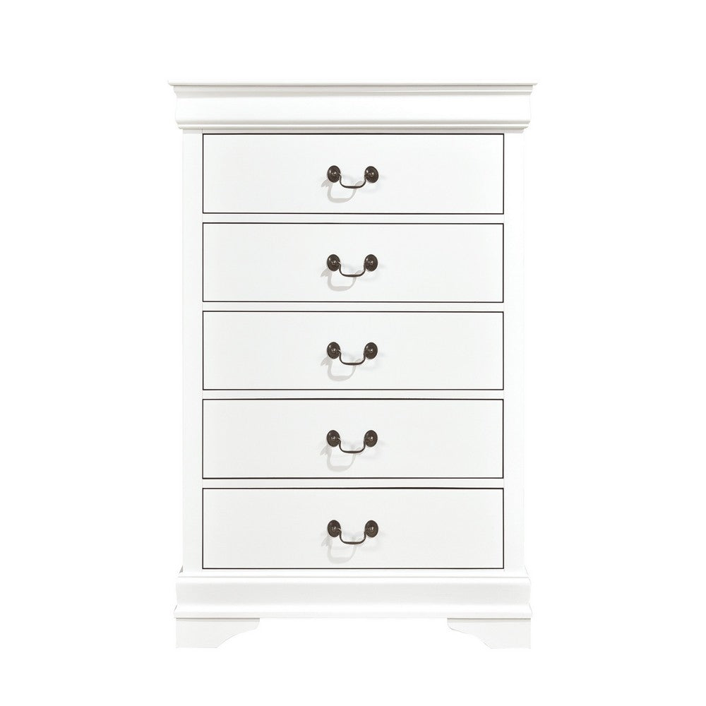 Vele 49 Inch Tall Dresser Chest, 5 Drawers, Brass Tone Metal, White Wood - BM316865