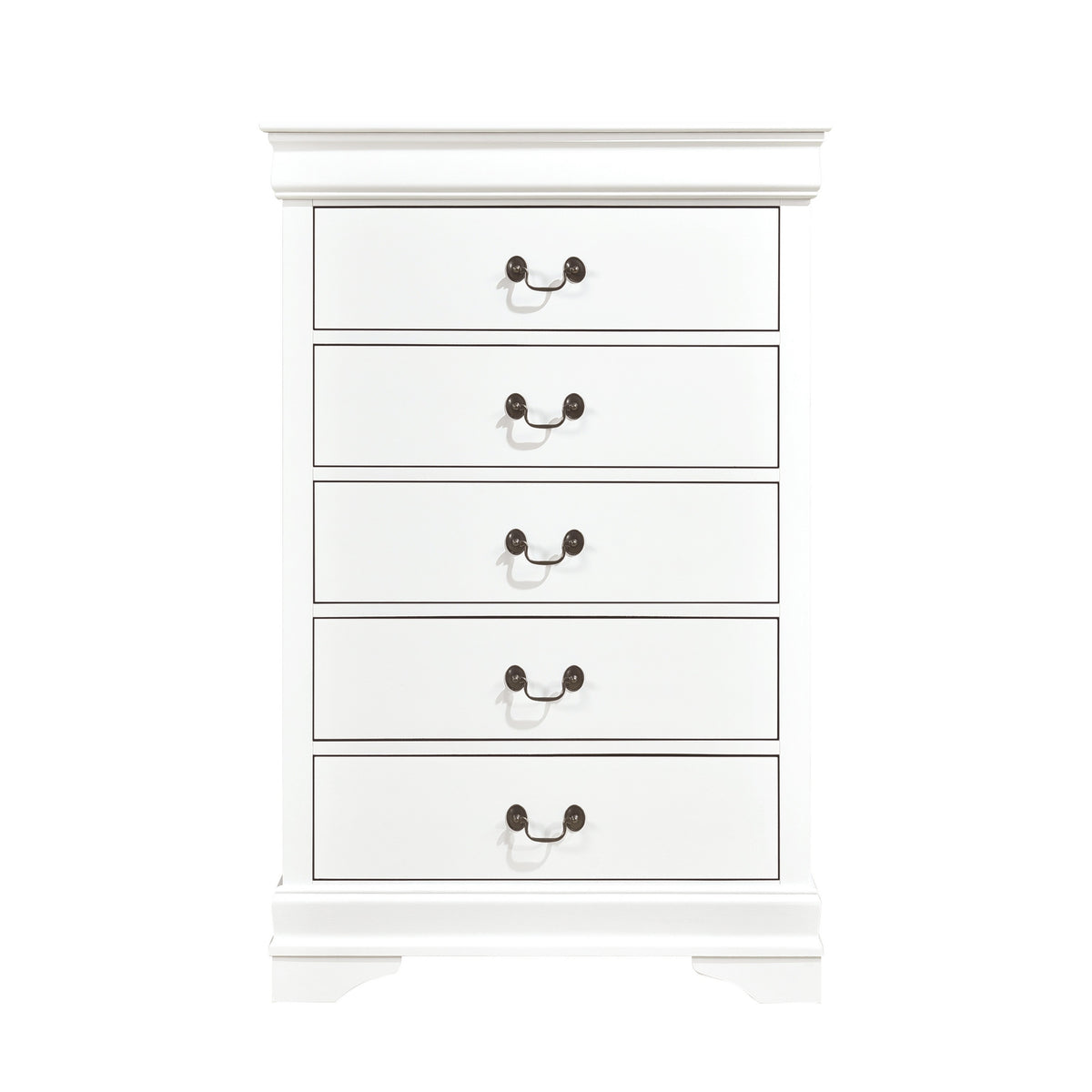 Vele 49 Inch Tall Dresser Chest, 5 Drawers, Brass Tone Metal, White Wood - BM316865