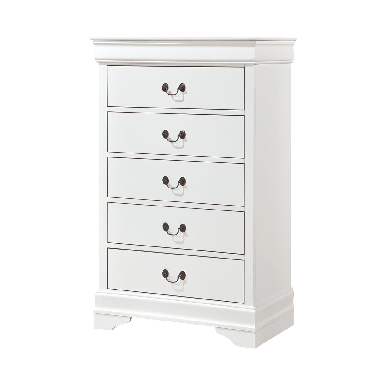 Vele 49 Inch Tall Dresser Chest, 5 Drawers, Brass Tone Metal, White Wood - BM316865