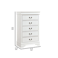 Vele 49 Inch Tall Dresser Chest, 5 Drawers, Brass Tone Metal, White Wood - BM316865