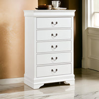 Vele 49 Inch Tall Dresser Chest, 5 Drawers, Brass Tone Metal, White Wood - BM316865