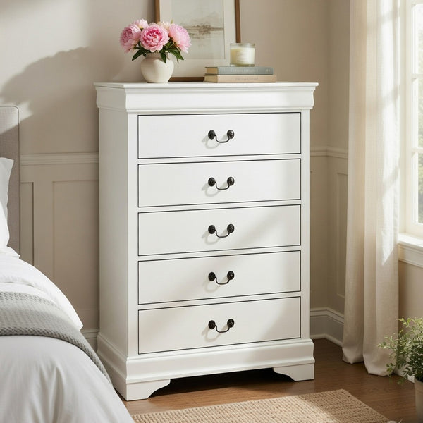 Vele 49 Inch Tall Dresser Chest, 5 Drawers, Brass Tone Metal, White Wood - BM316865