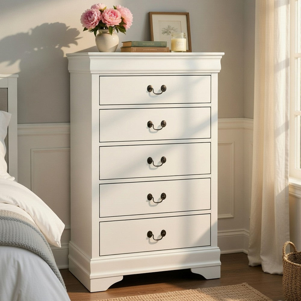 Vele 49 Inch Tall Dresser Chest, 5 Drawers, Brass Tone Metal, White Wood - BM316865