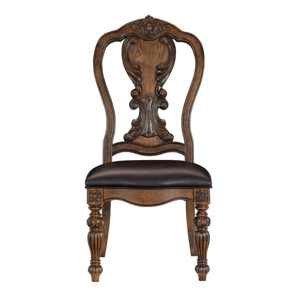 Devi 22 Inch Side Dining Chair, Cutout Carved Back, Brown Faux Leather - BM316874