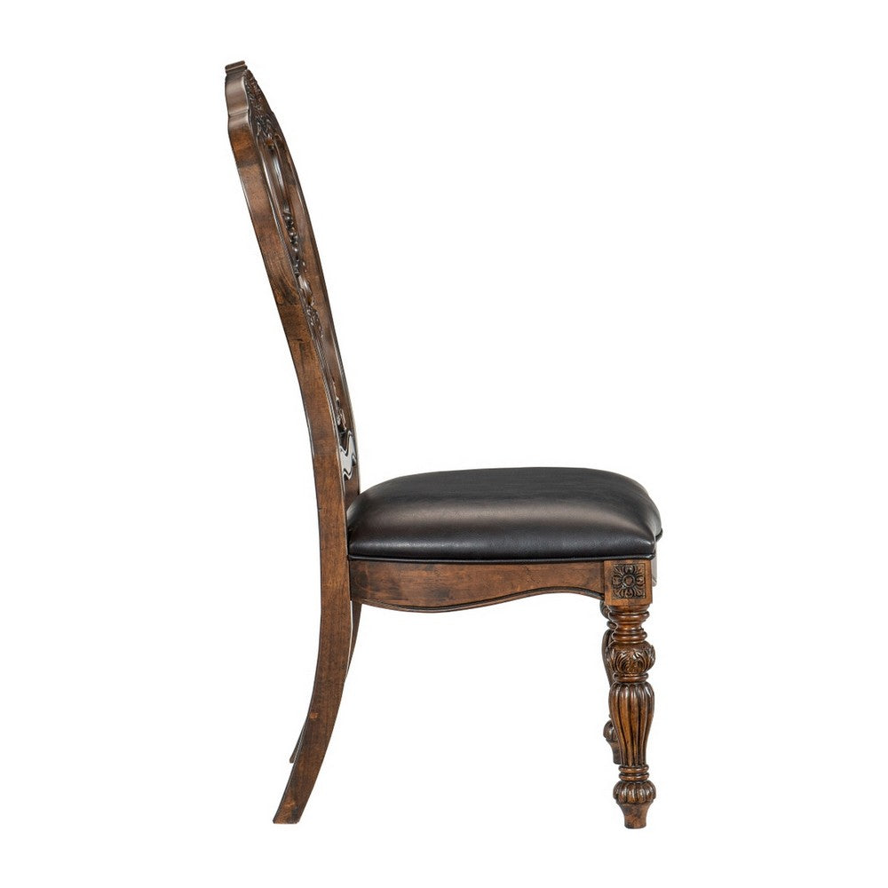 Devi 22 Inch Side Dining Chair, Cutout Carved Back, Brown Faux Leather - BM316874