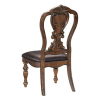 Devi 22 Inch Side Dining Chair, Cutout Carved Back, Brown Faux Leather - BM316874