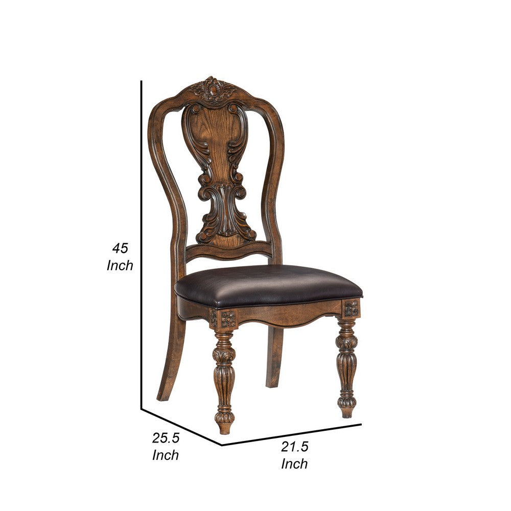 Devi 22 Inch Side Dining Chair, Cutout Carved Back, Brown Faux Leather - BM316874