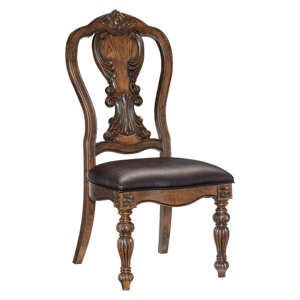 Devi 22 Inch Side Dining Chair, Cutout Carved Back, Brown Faux Leather - BM316874