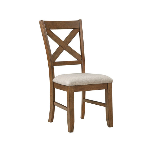 Nil 18 Inch Side Dining Chair, Open Style X Back, Beige Padded, Brown Wood - BM316880