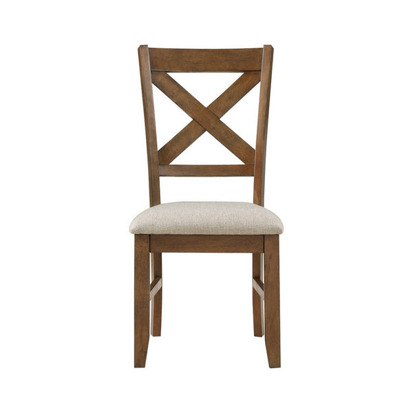 Nil 18 Inch Side Dining Chair, Open Style X Back, Beige Padded, Brown Wood - BM316880