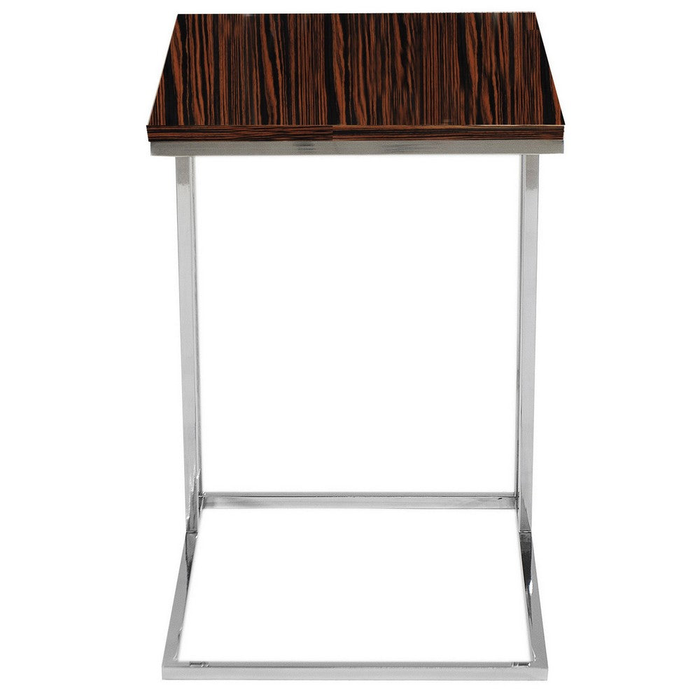 Zen 23 Inch Side Table, Rectangular Tray Top, C Shape Chrome, Ebony Brown - BM316890