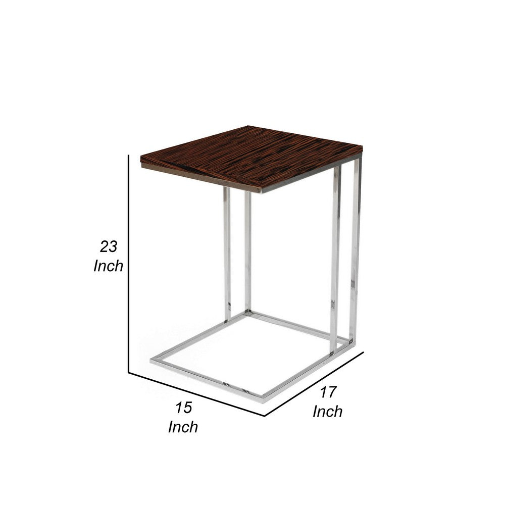 Zen 23 Inch Side Table, Rectangular Tray Top, C Shape Chrome, Ebony Brown - BM316890