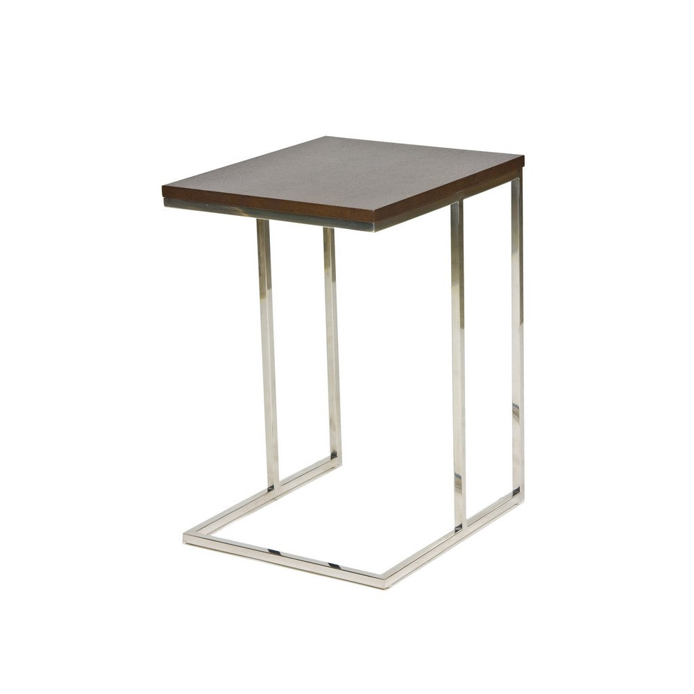 Zen 23 Inch Side Table, Espresso Brown Rectangular Tray Top, C Shape Chrome - BM316891