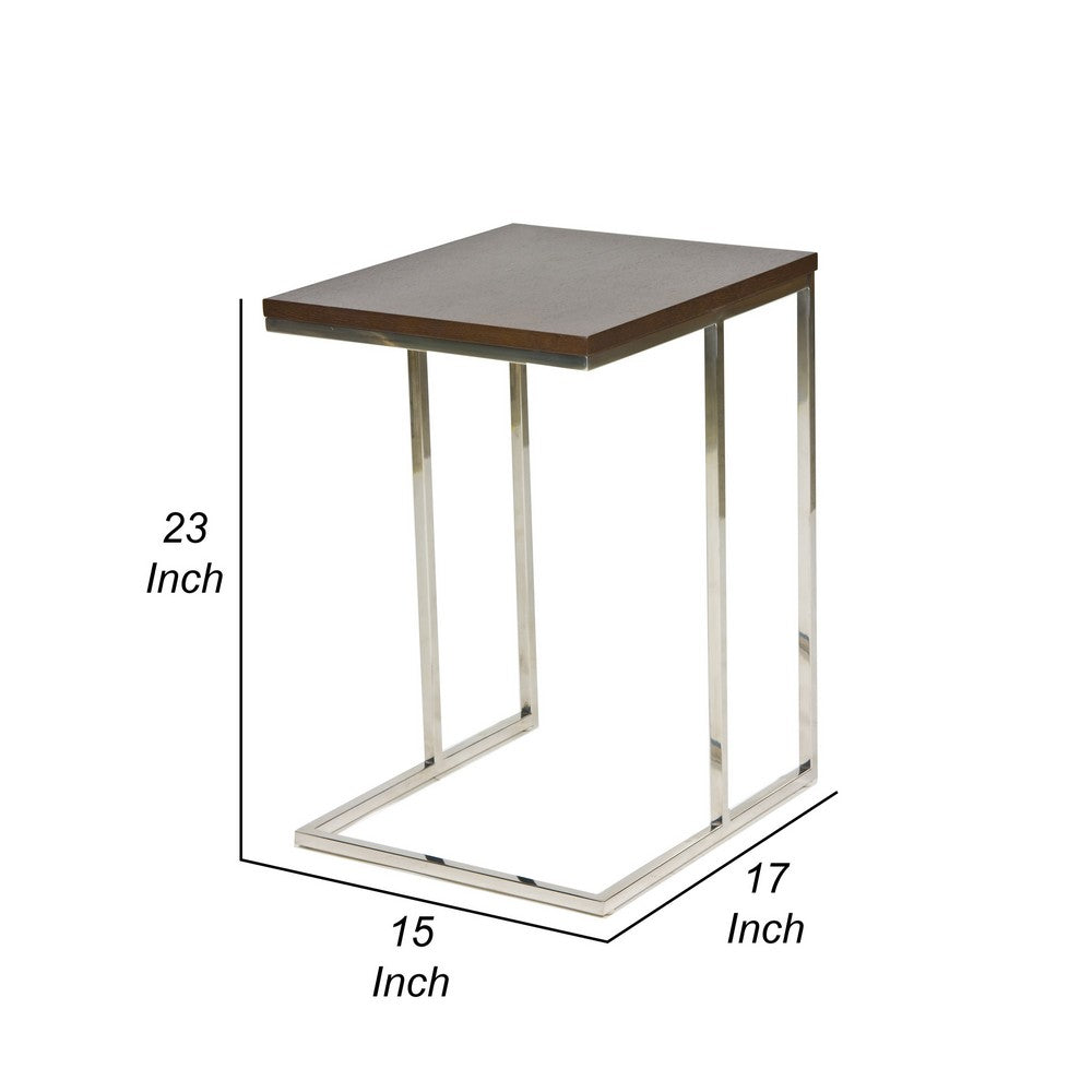 Zen 23 Inch Side Table, Espresso Brown Rectangular Tray Top, C Shape Chrome - BM316891