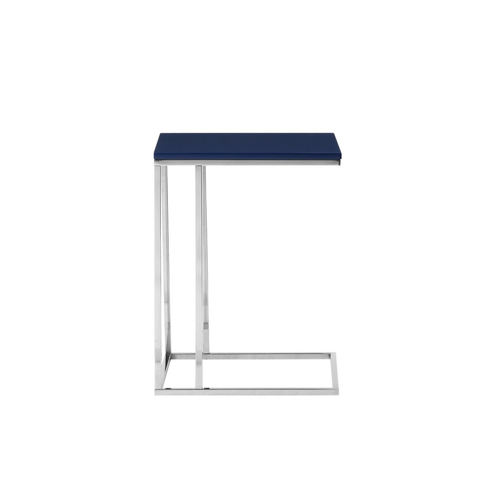 Zen 23 Inch Side Table, Rectangular Tray Top, C Shape Chrome, Navy Blue - BM316893