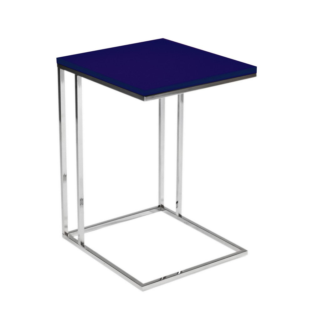 Zen 23 Inch Side Table, Rectangular Tray Top, C Shape Chrome, Navy Blue - BM316893