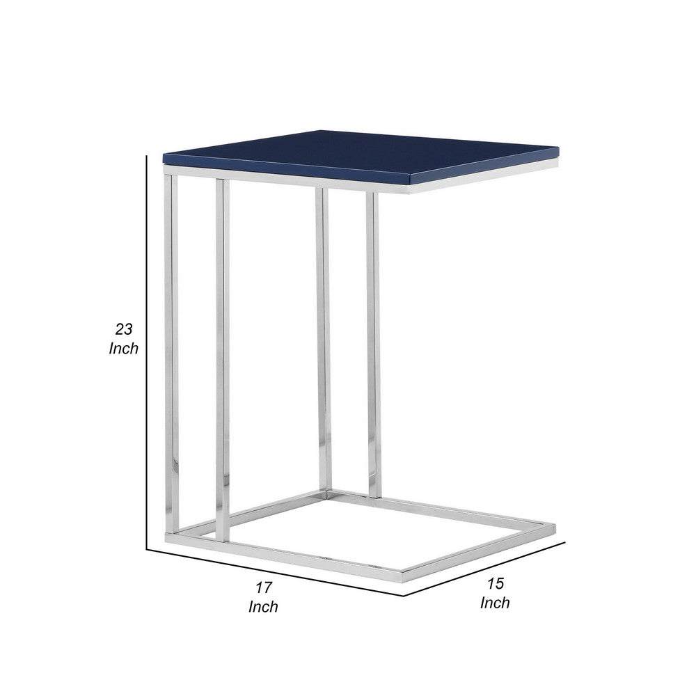 Zen 23 Inch Side Table, Rectangular Tray Top, C Shape Chrome, Navy Blue - BM316893