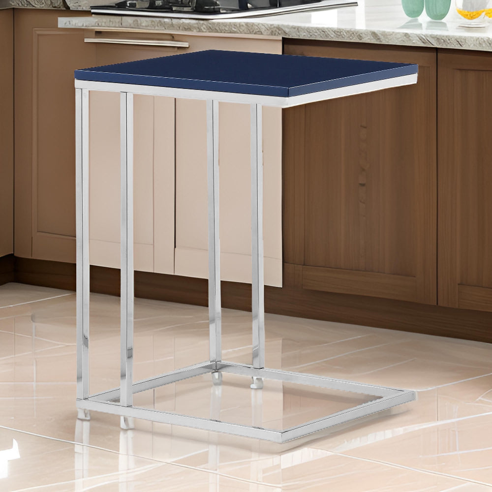 Zen 23 Inch Side Table, Rectangular Tray Top, C Shape Chrome, Navy Blue - BM316893