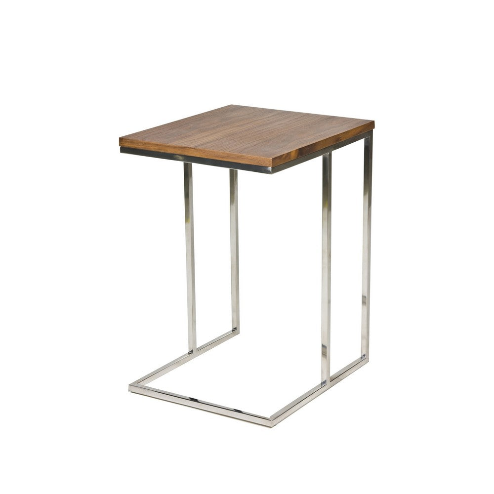 Zen 23 Inch Side Table, Rectangular Tray Top, C Shape Chrome, Walnut Brown - BM316895