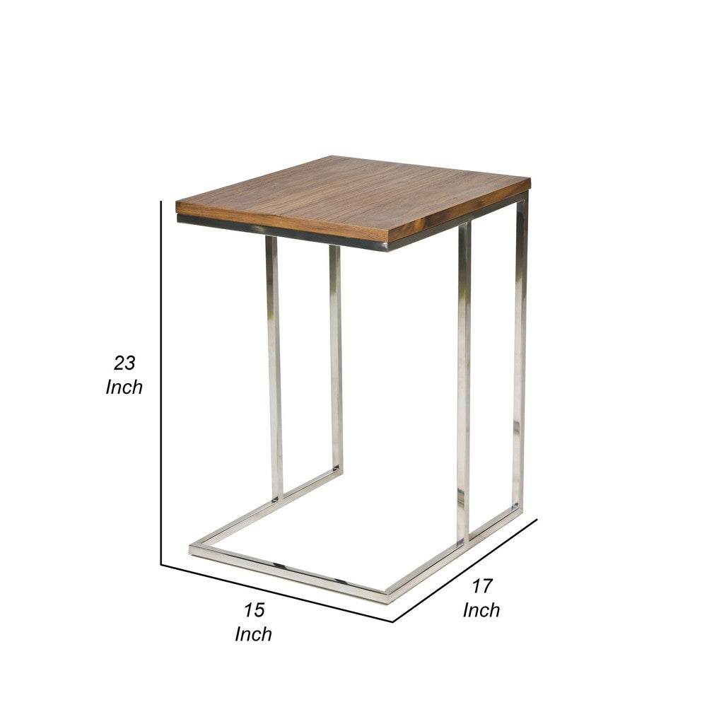 Zen 23 Inch Side Table, Rectangular Tray Top, C Shape Chrome, Walnut Brown - BM316895