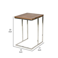 Zen 23 Inch Side Table, Rectangular Tray Top, C Shape Chrome, Walnut Brown - BM316895