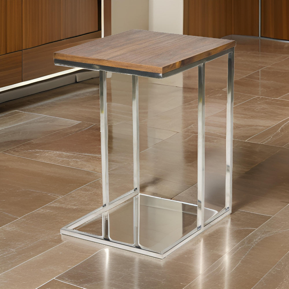 Zen 23 Inch Side Table, Rectangular Tray Top, C Shape Chrome, Walnut Brown - BM316895