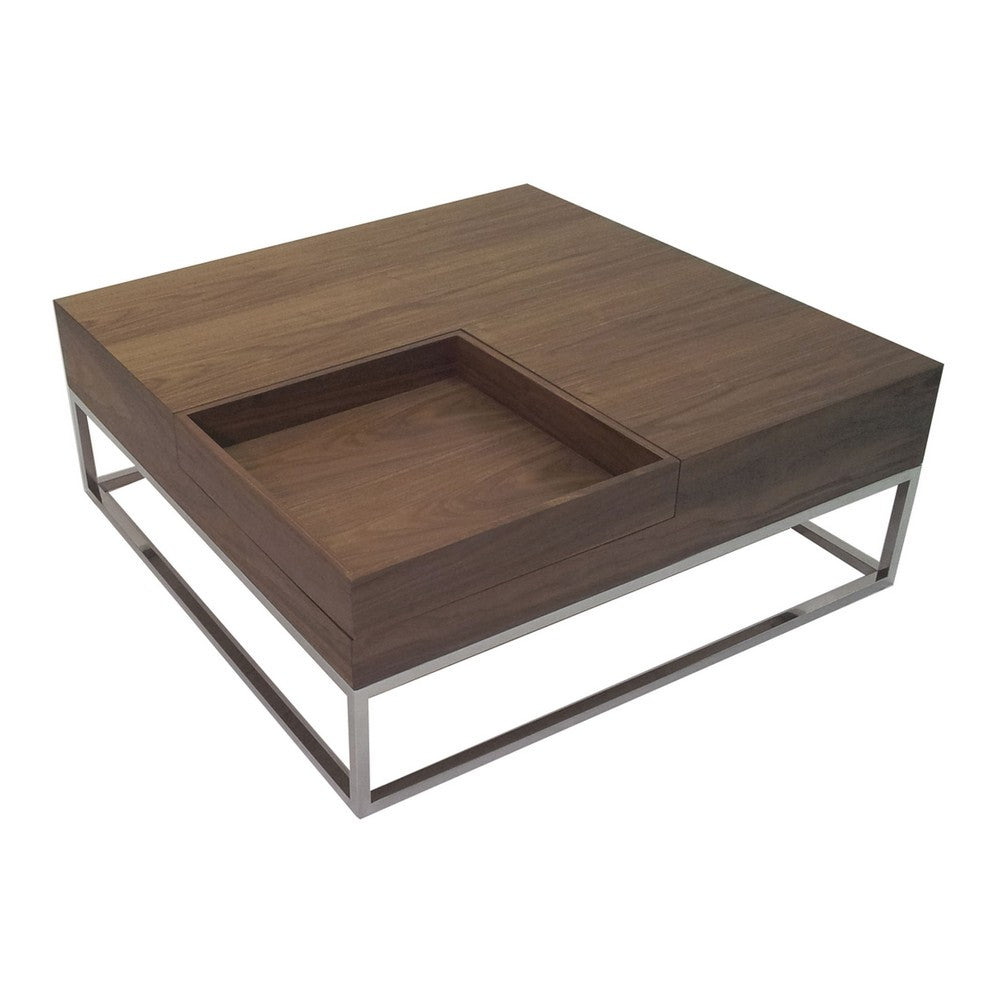 Rina 35 Inch Coffee Table, Removable Square Wood Tray, Storage, Steel Base - BM316911