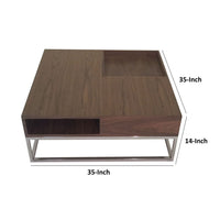 Rina 35 Inch Coffee Table, Removable Square Wood Tray, Storage, Steel Base - BM316911