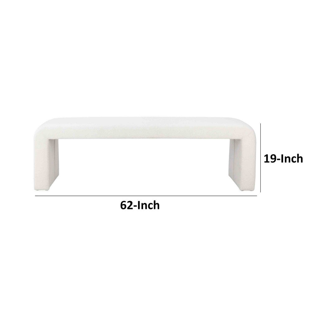 Jea 62 Inch Accent Bench, Plush White Boucle Upholstery, Wide Panel Legs - BM316913