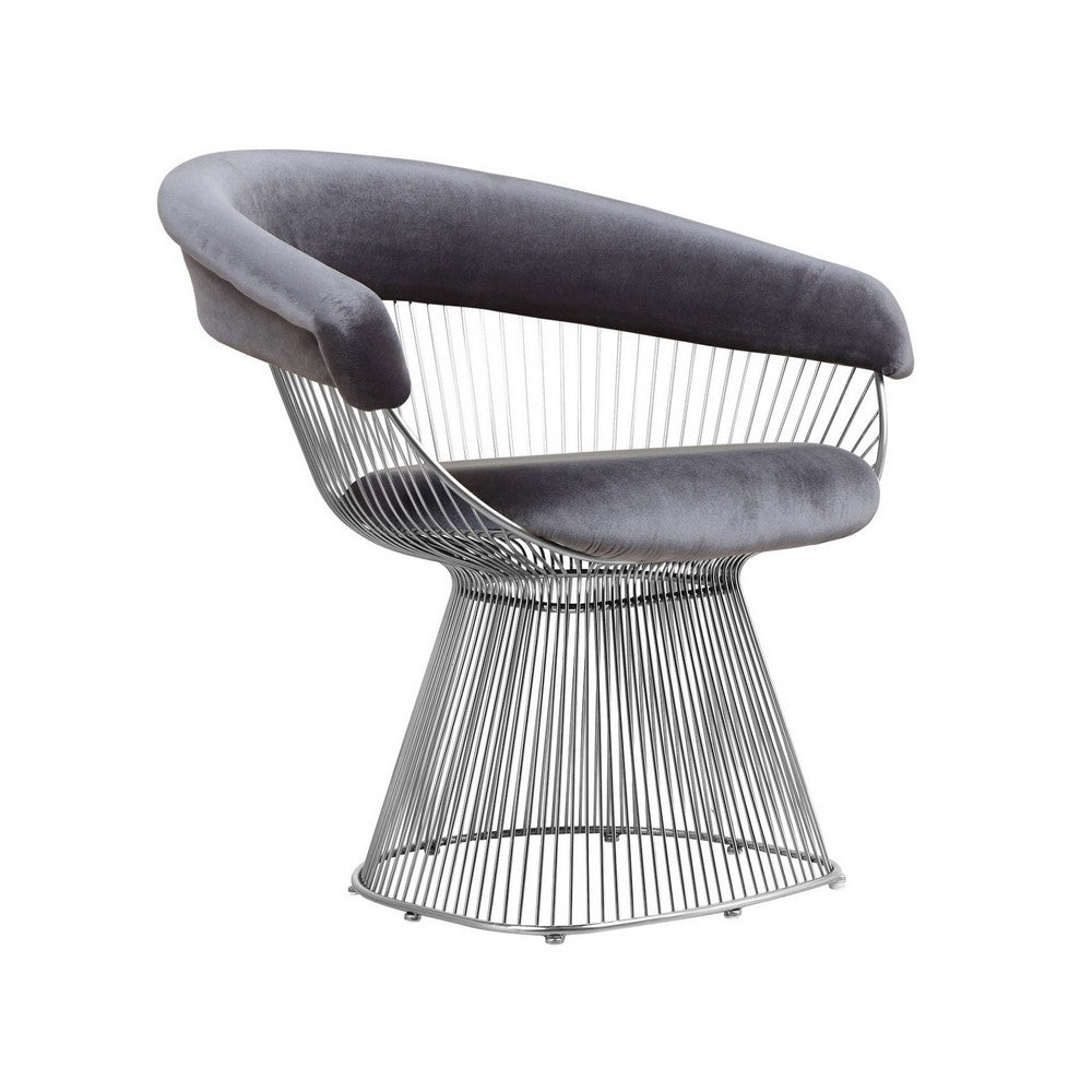 Mimi 27 Inch Accent Armchair, Plush Gray Velvet, Chrome Wire Cage Base - BM316917