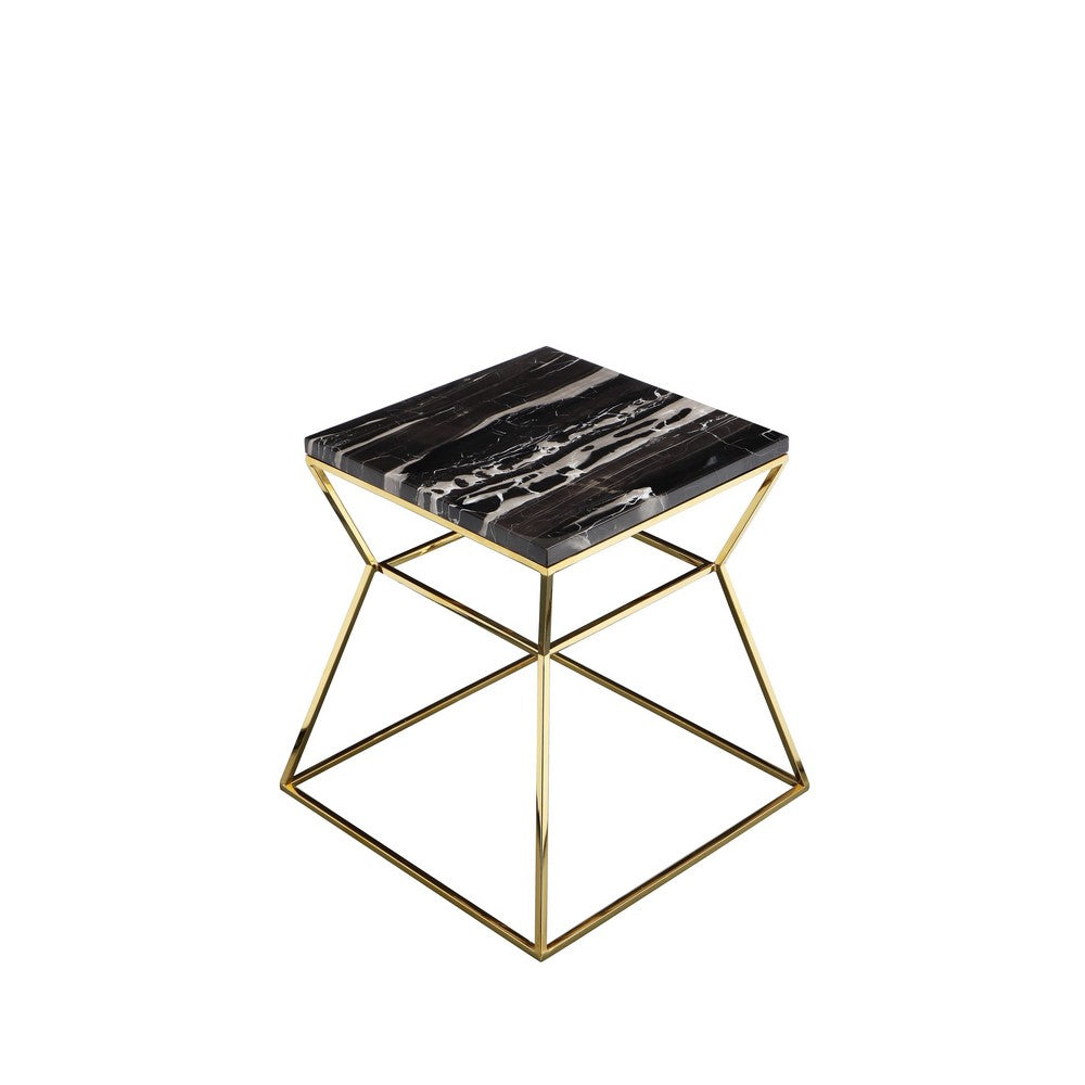 Lio 18 Inch Side End Table, Black Marble Top, Gold Open Hourglass Frame - BM316937