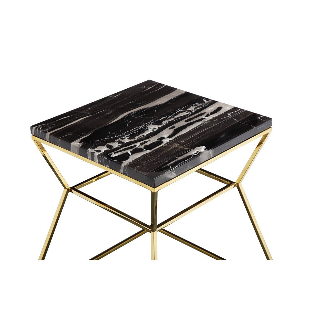 Lio 18 Inch Side End Table, Black Marble Top, Gold Open Hourglass Frame - BM316937