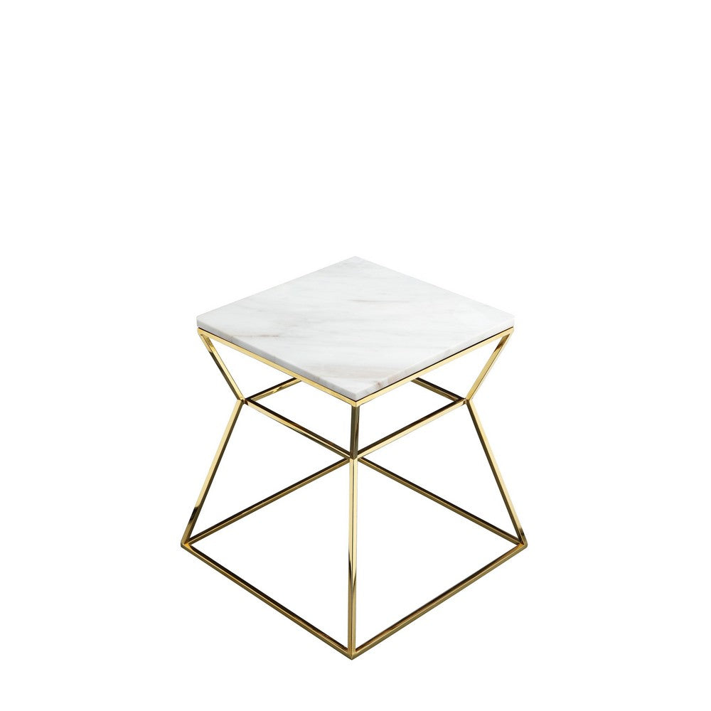 Lio 18 Inch Side End Table, White Marble Top, Gold Open Hourglass Frame - BM316938