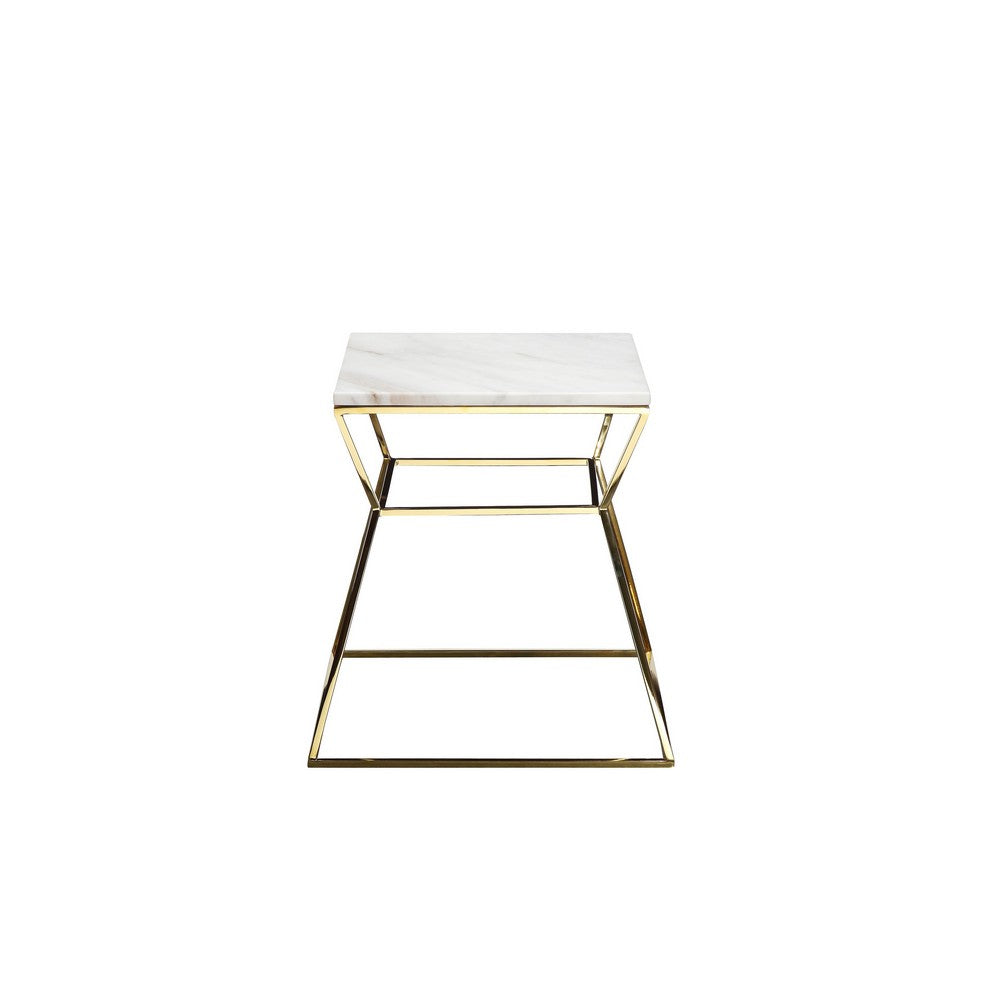 Lio 18 Inch Side End Table, White Marble Top, Gold Open Hourglass Frame - BM316938