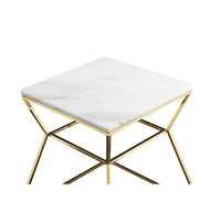 Lio 18 Inch Side End Table, White Marble Top, Gold Open Hourglass Frame - BM316938