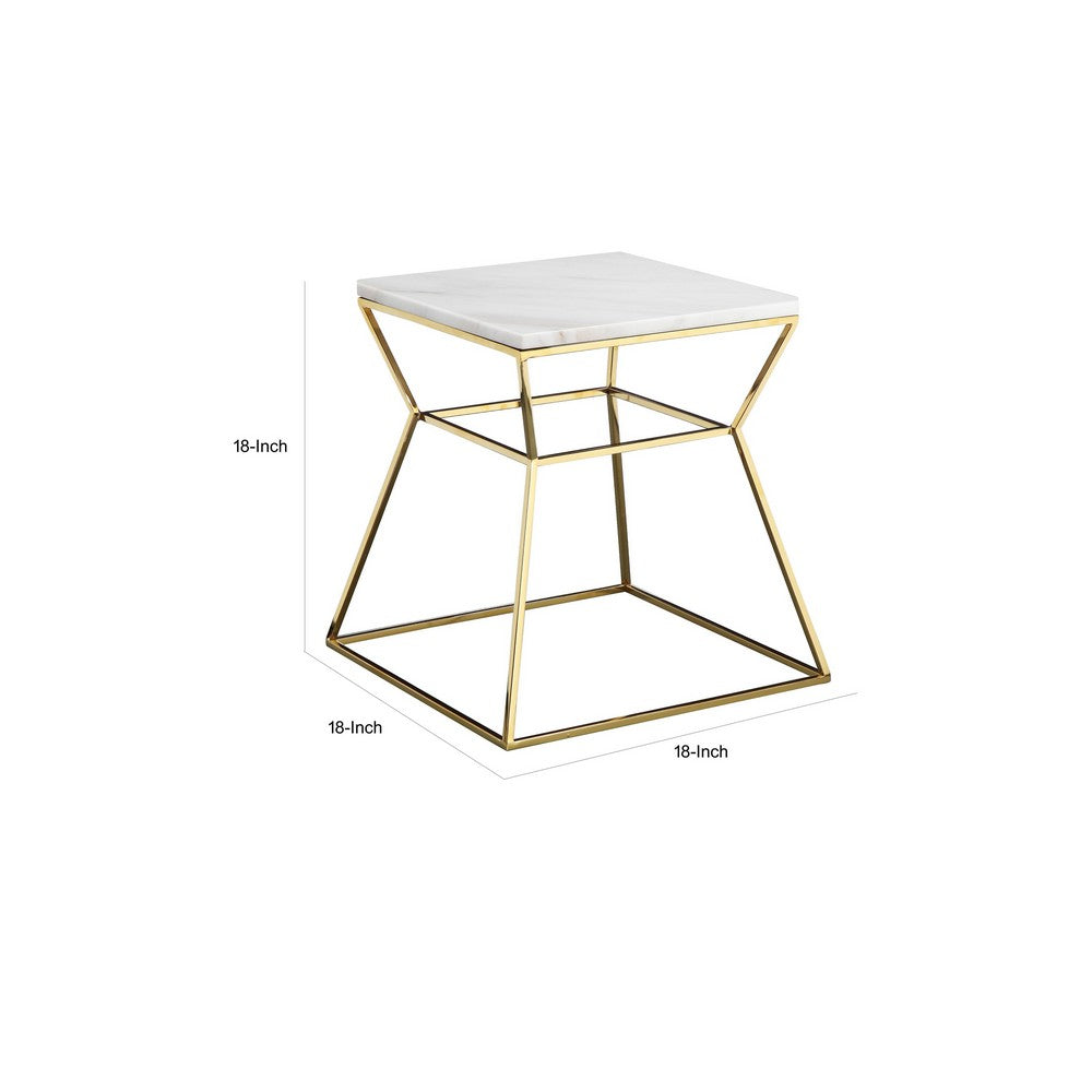 Lio 18 Inch Side End Table, White Marble Top, Gold Open Hourglass Frame - BM316938