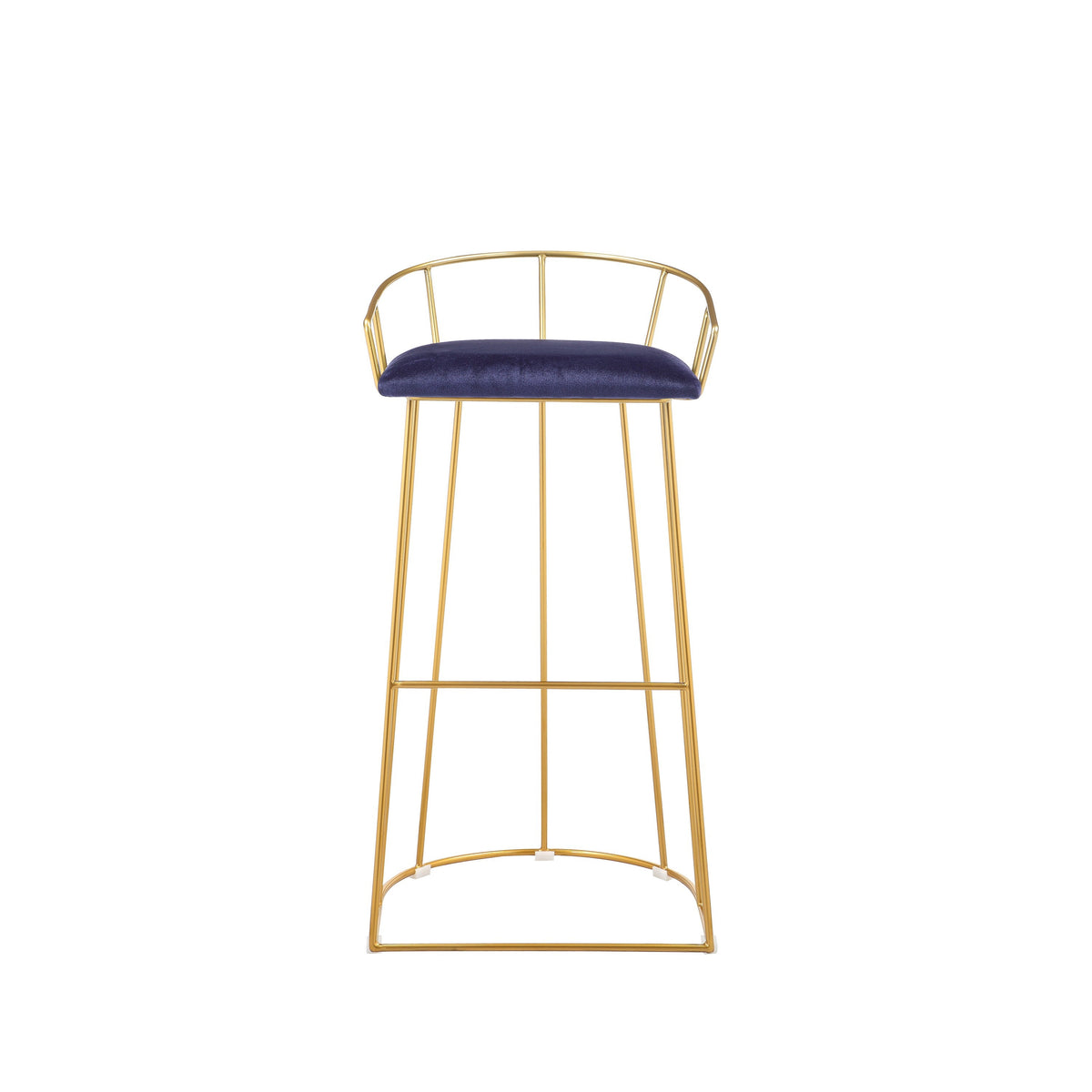 Cato 31 Inch Barstool Chair, Foam, Navy Blue Velvet, Gold Steel Open Frame - BM316946