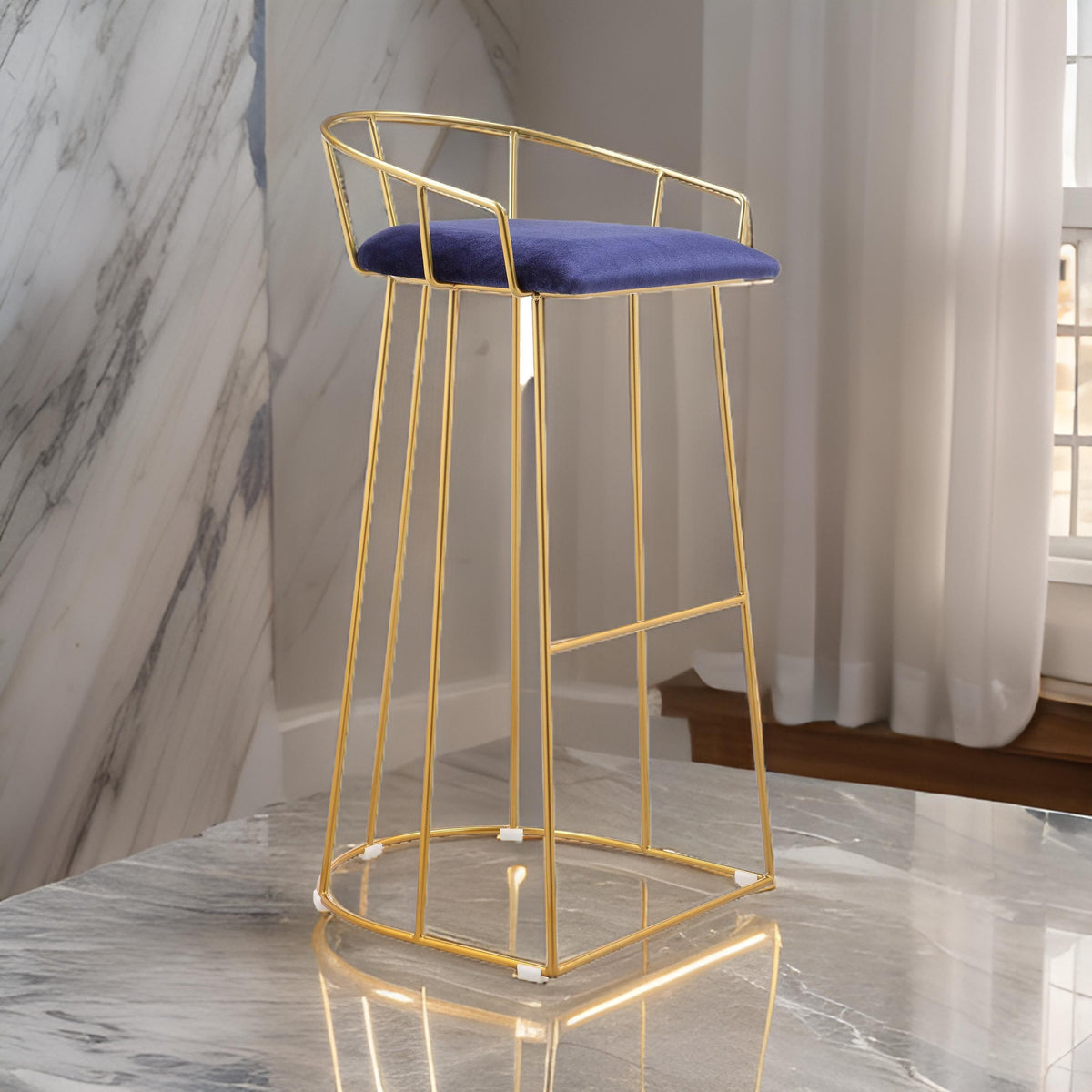 Cato 31 Inch Barstool Chair, Foam, Navy Blue Velvet, Gold Steel Open Frame - BM316946