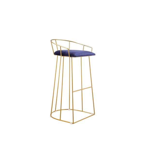 Cato 31 Inch Barstool Chair, Foam, Navy Blue Velvet, Gold Steel Open Frame - BM316946