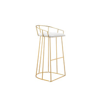 Cato 31 Inch Barstool Chair, White Faux Leather, Gold Open Steel Frame - BM316947