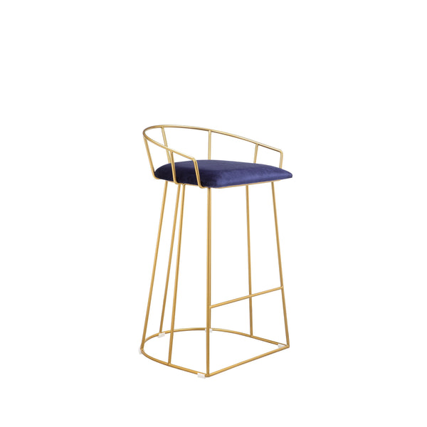 Cato 27 Inch Counter Stool Chair, Blue Velvet, Gold Steel Open Metal Frame - BM316951