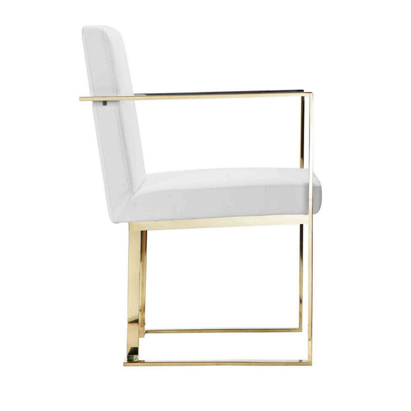 Boly 22 Inch Dining Side Armchair, White Faux Leather, Gold Steel Frame - BM316955