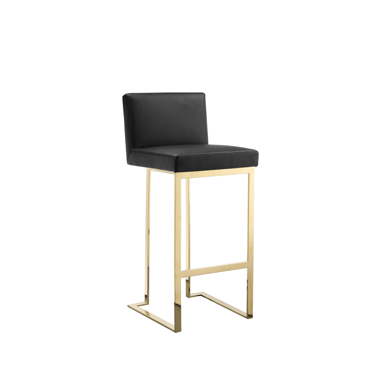 Boly 30 Inch Barstool Chair, Cushioned Black Faux Leather, Gold Cantilever - BM316956