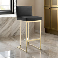 Boly 30 Inch Barstool Chair, Cushioned Black Faux Leather, Gold Cantilever - BM316956