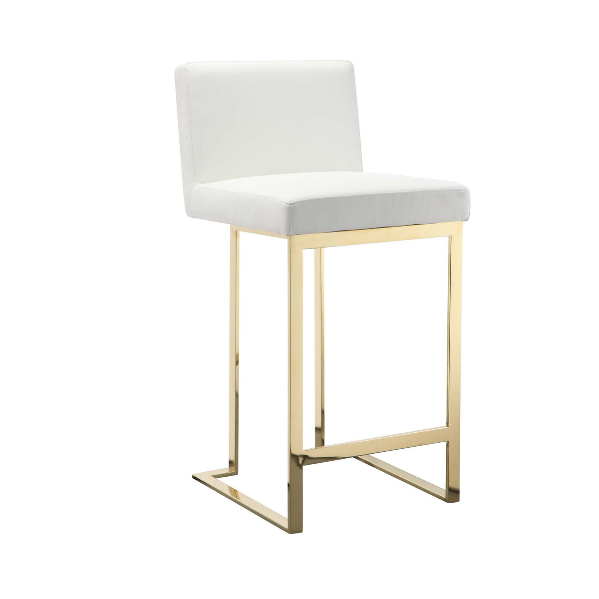 Boly 26 Inch Counter Stool, Cushioned White Faux Leather, Gold Cantilever - BM316958