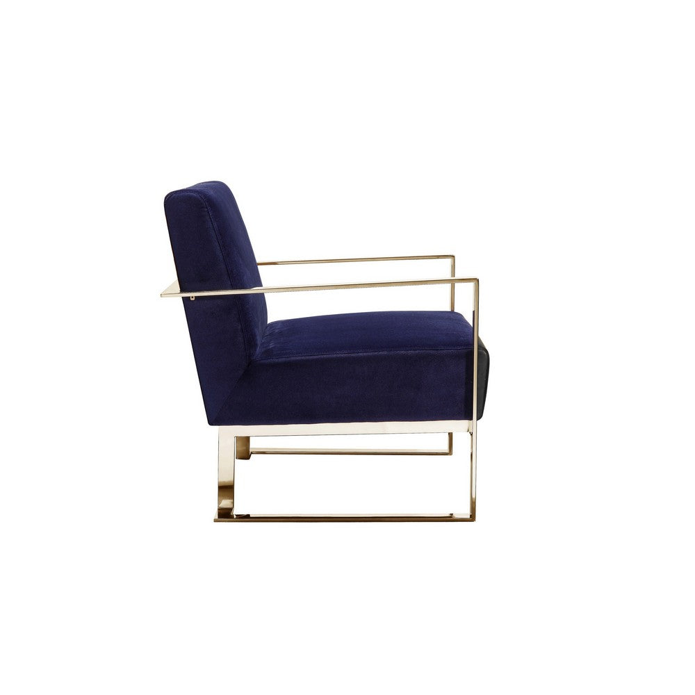 Boly 28 Inch Lounge Chair, Navy Blue Velvet Upholstery, Gold Steel Frame - BM316962